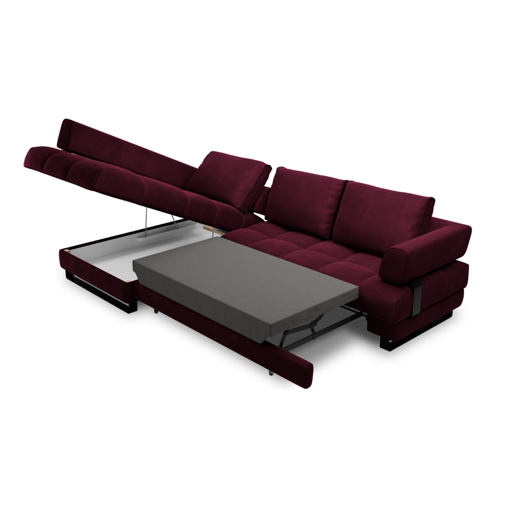 Canapé d'angle gauche convertible avec coffre de rangement "Clinton" 5 places en velours rouge foncé