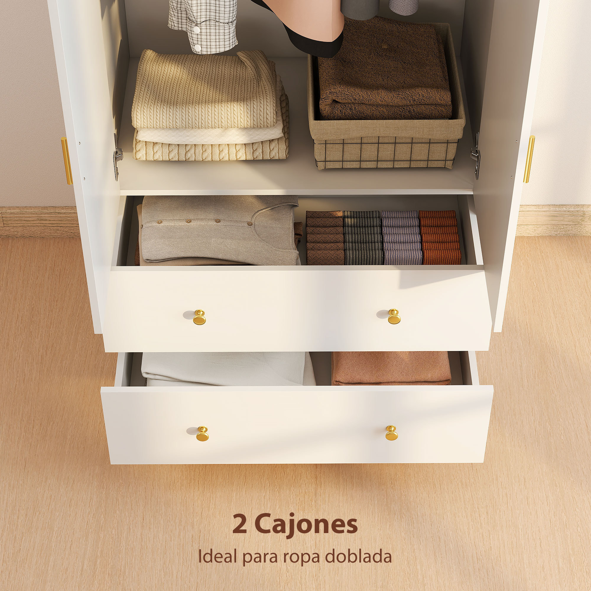 Armario Dormitorio 2 Puertas y 2 Cajones, Armario Ropero con Espejo, Barra para Colgar, Estilo Moderno, 80x50x180 cm, Blanco