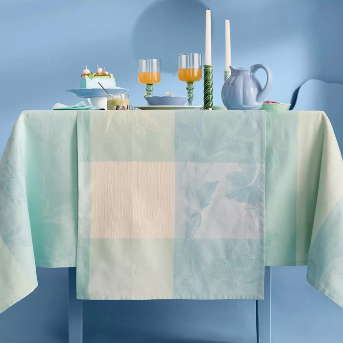 Chemin de table pur coton 220 g/m² motif jacquard bleu beige Mille iris d'eau aqua