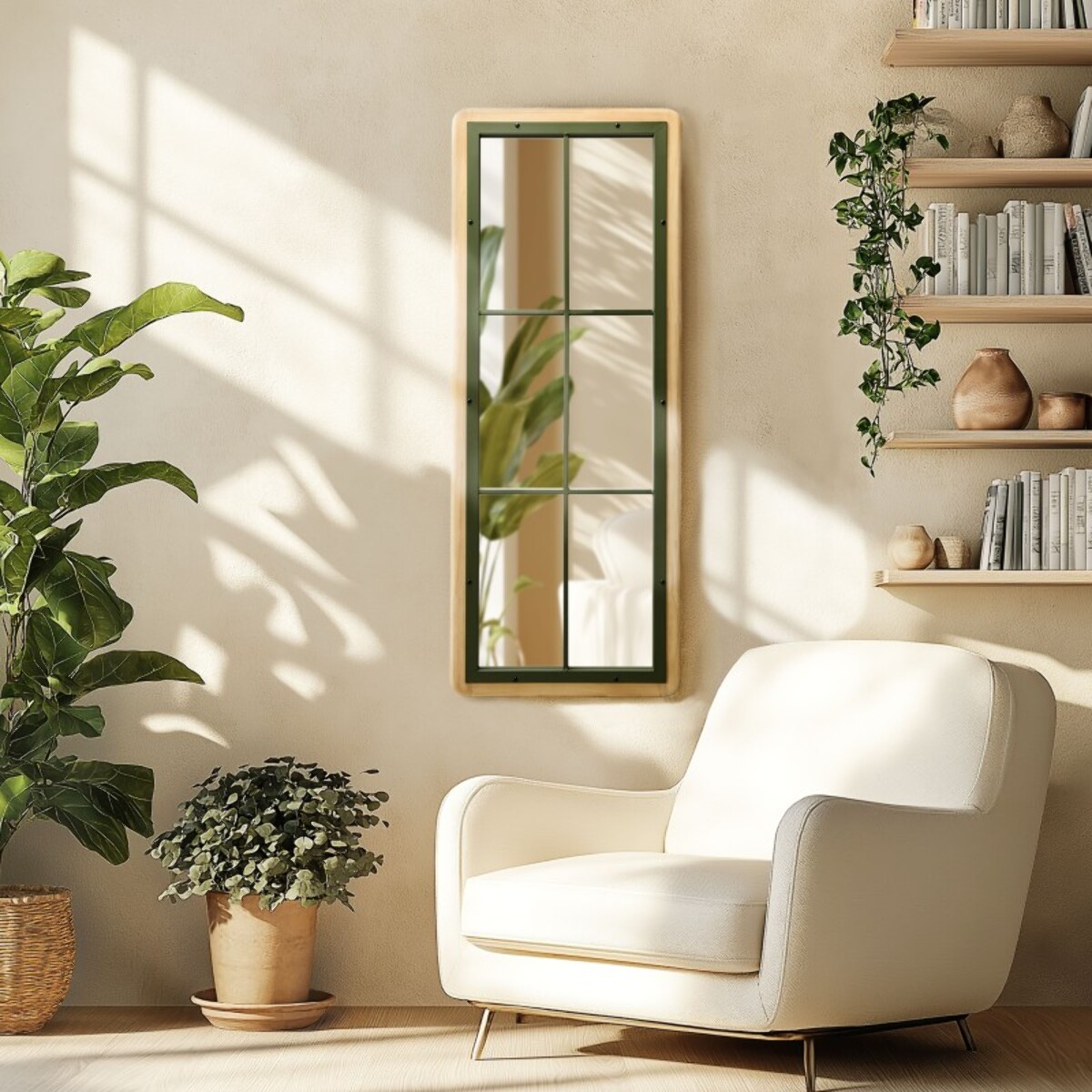 HELENA - Miroir rectangulaire esprit verrière pin et métal vert