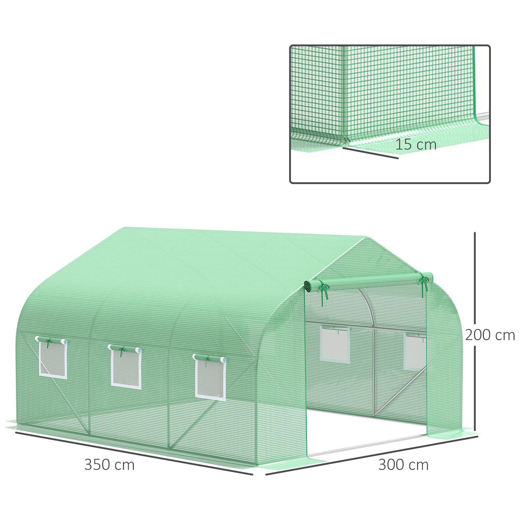 Cubierta de Invernadero de Túnel 3,5x3x2 m con 6 Ventanas y Puerta Jardín Verde