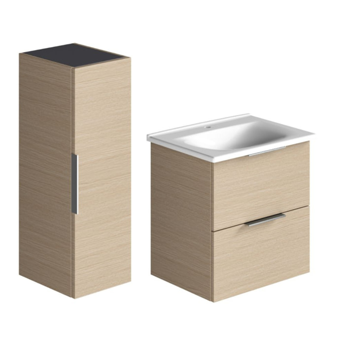 Meuble vasque 60 cm BURGBAD Olena chêne clair + colonne de salle de bain