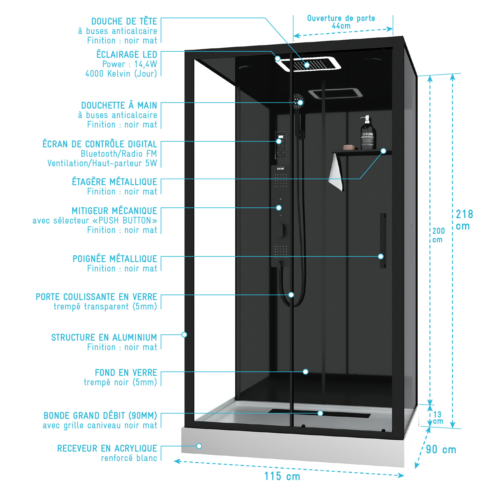 Cabine de douche Hydromassante 115x90x218 cm - Porte coulissante - Fonds & Profilés Noir Mat