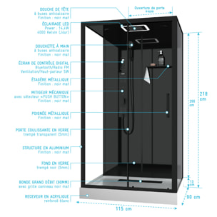 Cabine de douche Hydromassante 115x90x218 cm - Porte coulissante - Fonds & Profilés Noir Mat