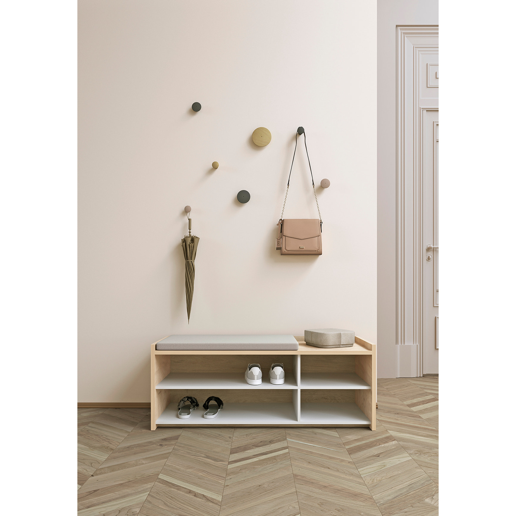 Banco descalzador Benchie melamina roble-blanco 43x110x41 cm