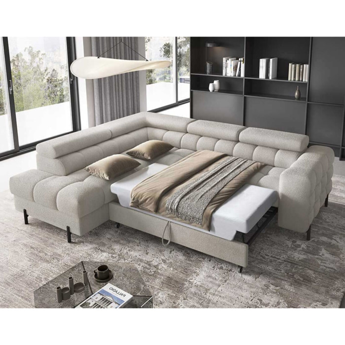 Elisa - canapé d'angle gauche 5 places convertible avec coffre et têtières réglables en tissu bouclette - Taupe