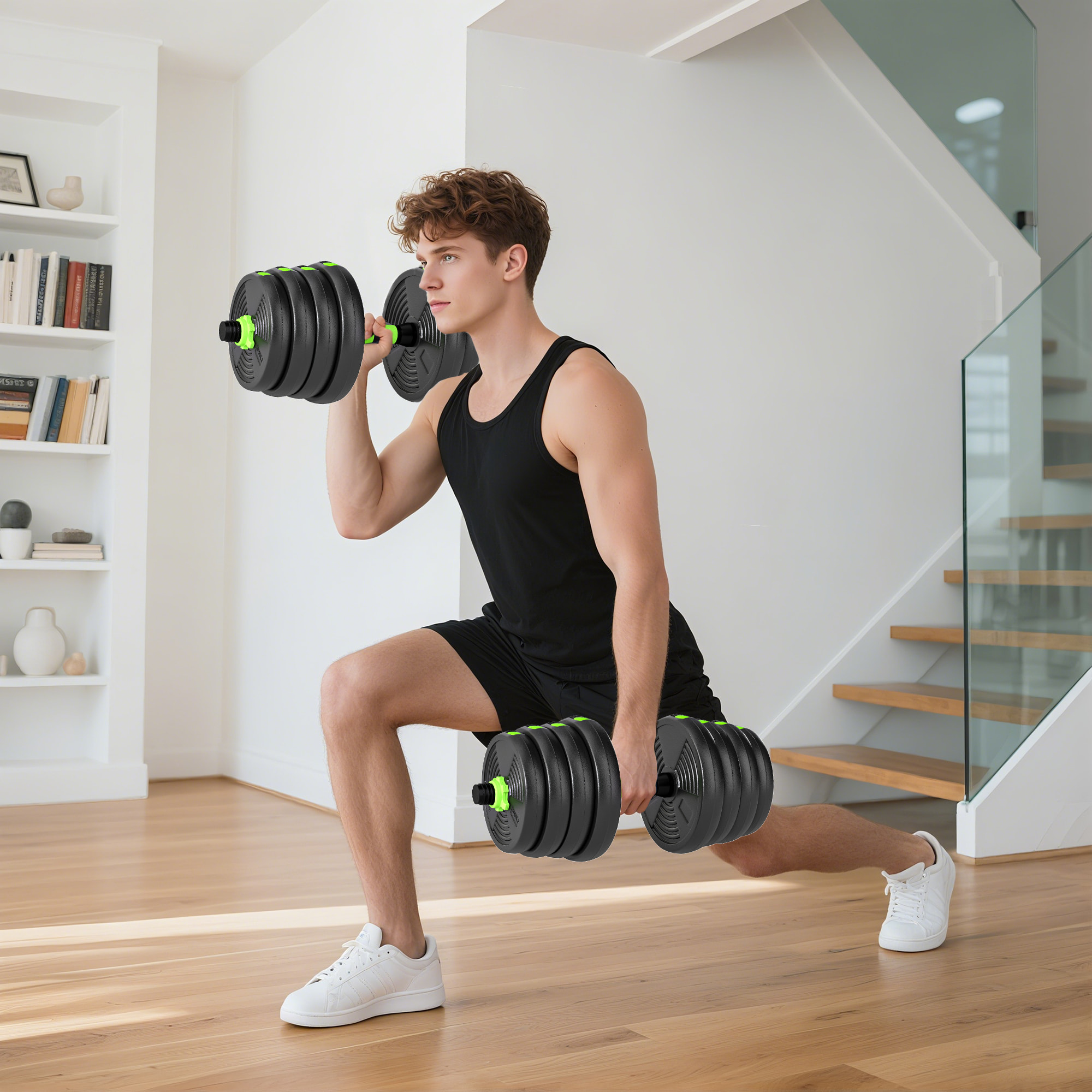 Ensemble d'haltères musculation multifonction 3 en 1 - haltères, Olympic barre, Curl EZ barre - total 30Kg - PVC vert noir