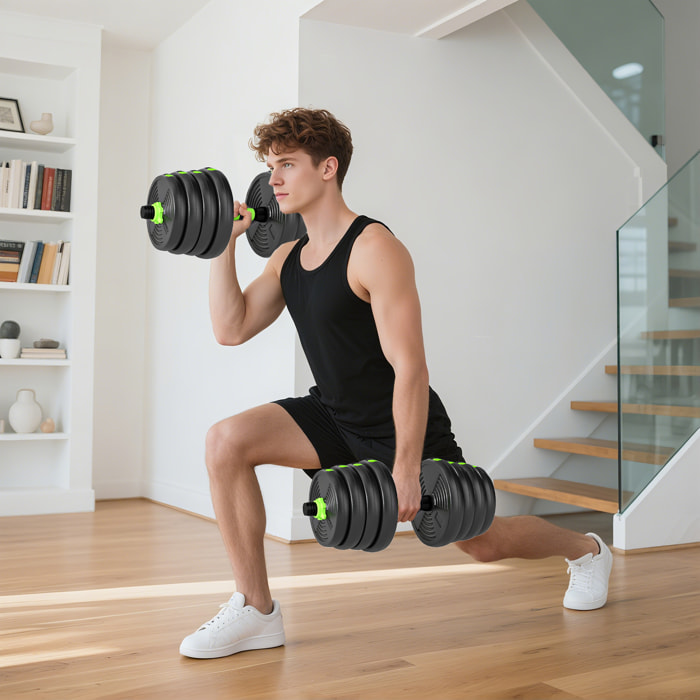 Ensemble d'haltères musculation multifonction 3 en 1 - haltères, Olympic barre, Curl EZ barre - total 30Kg - PVC vert noir