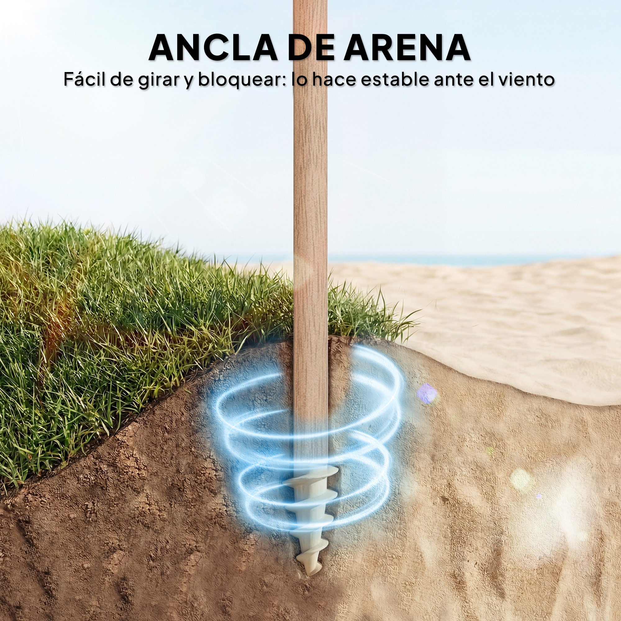 Sombrilla de Playa con Flecos Ø175 cm, Sombrilla de Terraza Exterior con Altura Ajustable, Inclinación 30°, Anclaje Arena, UPF30+ y Bolsa de Transporte, Blanco y Beige