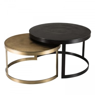 JONAS - Set de 2 tables gigognes ceinturées rondes aluminium noir doré - pieds métal demi-cercle