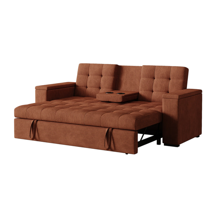 Canapé 3 places convertible avec tablette centrale et accoudoirs amovibles terracotta velours côtelé TILIA