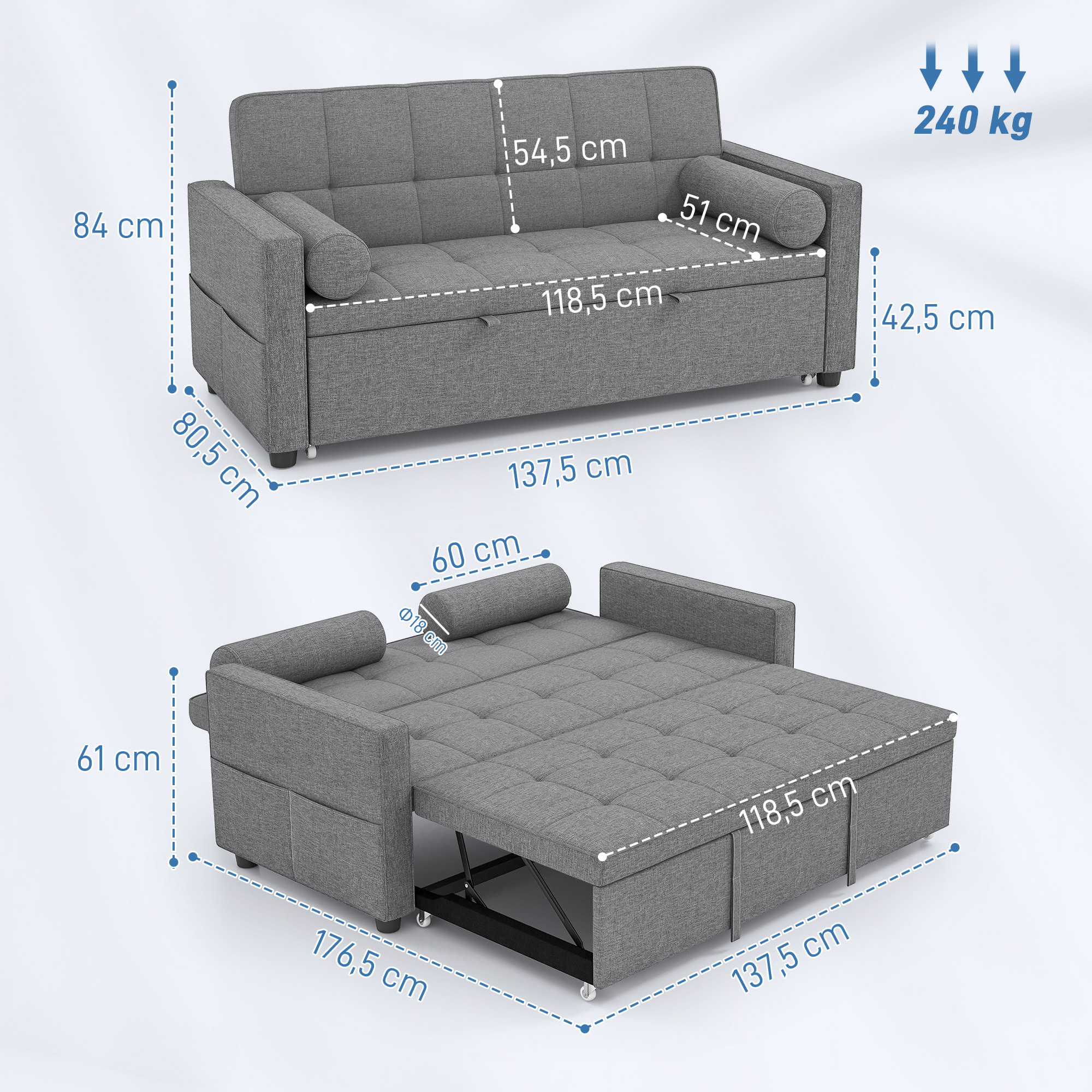 HOMCOM Sofá Cama 2 Plazas 3 en 1, Sofá Cama Deslizantede Tejido Lino con Respaldo Ajustable 6 Niveles, Bolsillos Laterales, 2 Cojines con Fundas Extraíbles para Sala de Estar, Espacios Pequeños, Gris