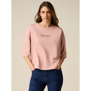 Oltre - T-shirt in cotone con ricamo lettering - Rosa