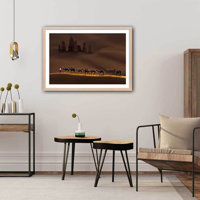 Affiche desert du Kumtag Affiche + cadre en bois - Chêne