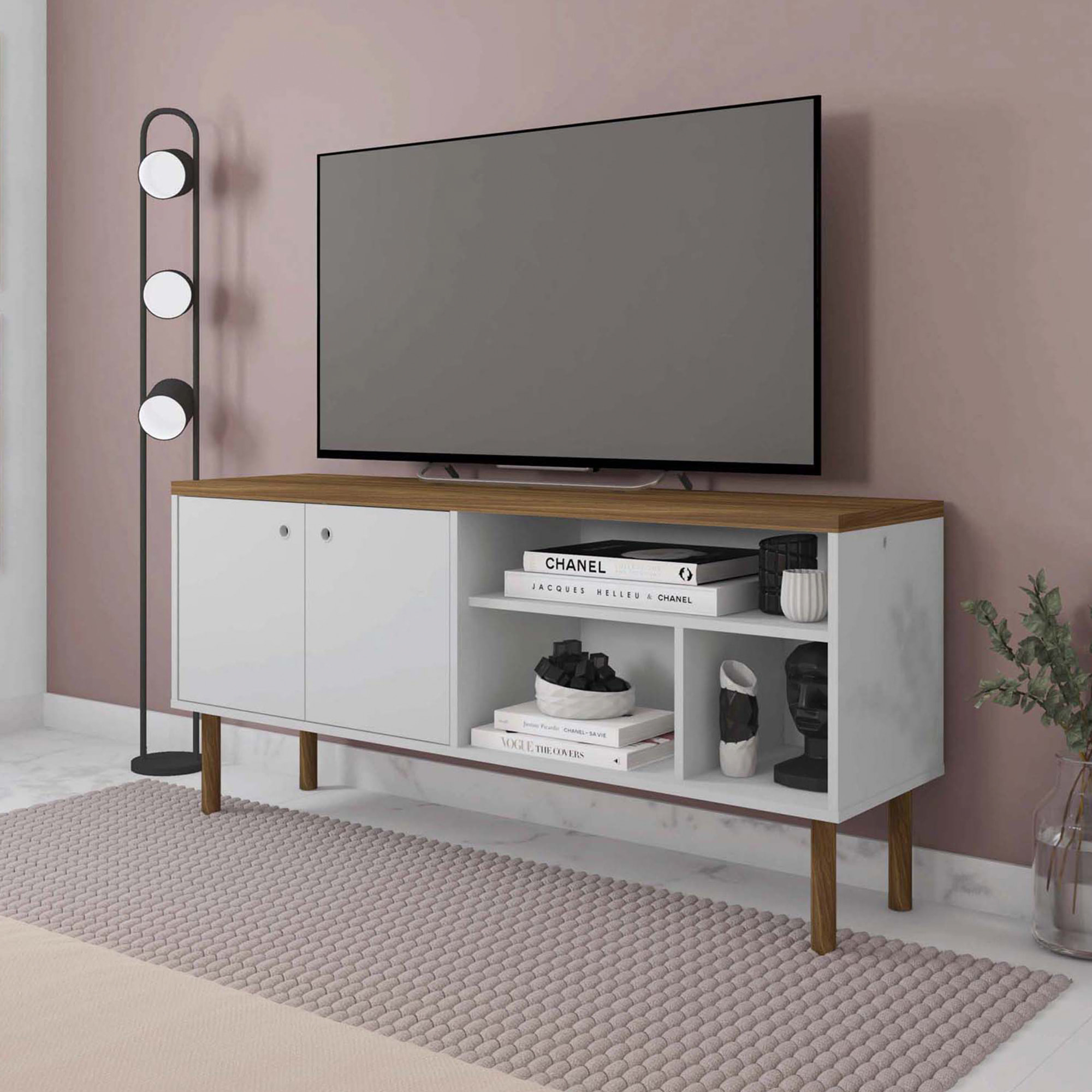 Mueble TV CAPRI - 2 puertas y 3 huecos - roble y blanco - 136x36x62cm