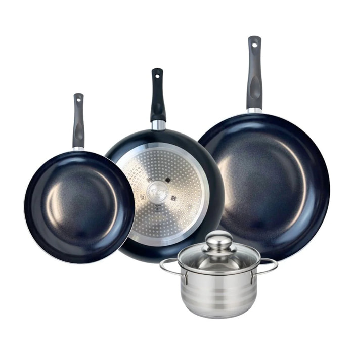Ensemble de 3 Poêles de cuisson 24, 28 et 32 cm et 1 faitout 16 cm Elo Prima Brillant