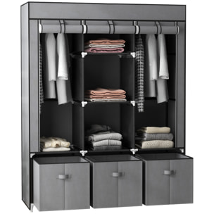 HOMCOM Armario de Tela, Armario Ropero con 2 Barras, 5 Estantes Abiertos, 3 Cajones, Cremallera, Marco de Acero, para Dormitorio, Espacio Pequeño, Vestidor, 125x43x162,5 cm, Gris Oscuro