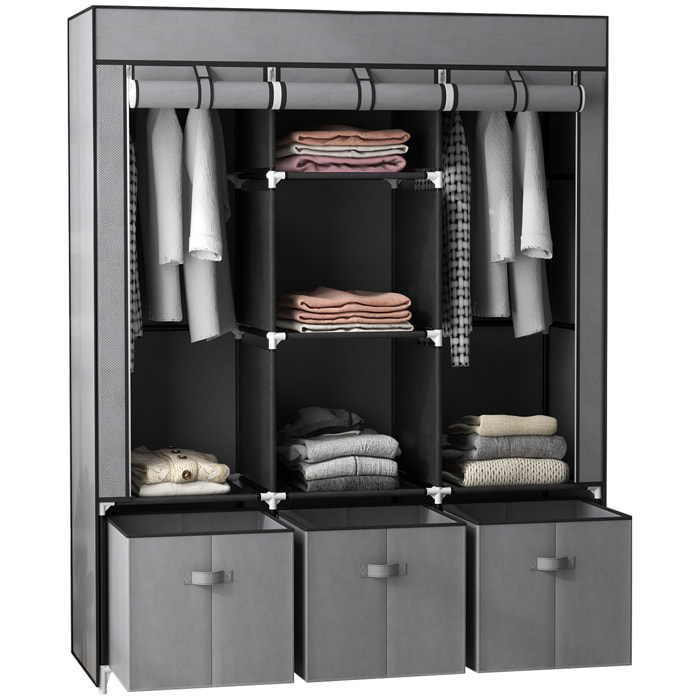 HOMCOM Armario de Tela, Armario Ropero con 2 Barras, 5 Estantes Abiertos, 3 Cajones, Cremallera, Marco de Acero, para Dormitorio, Espacio Pequeño, Vestidor, 125x43x162,5 cm, Gris Oscuro