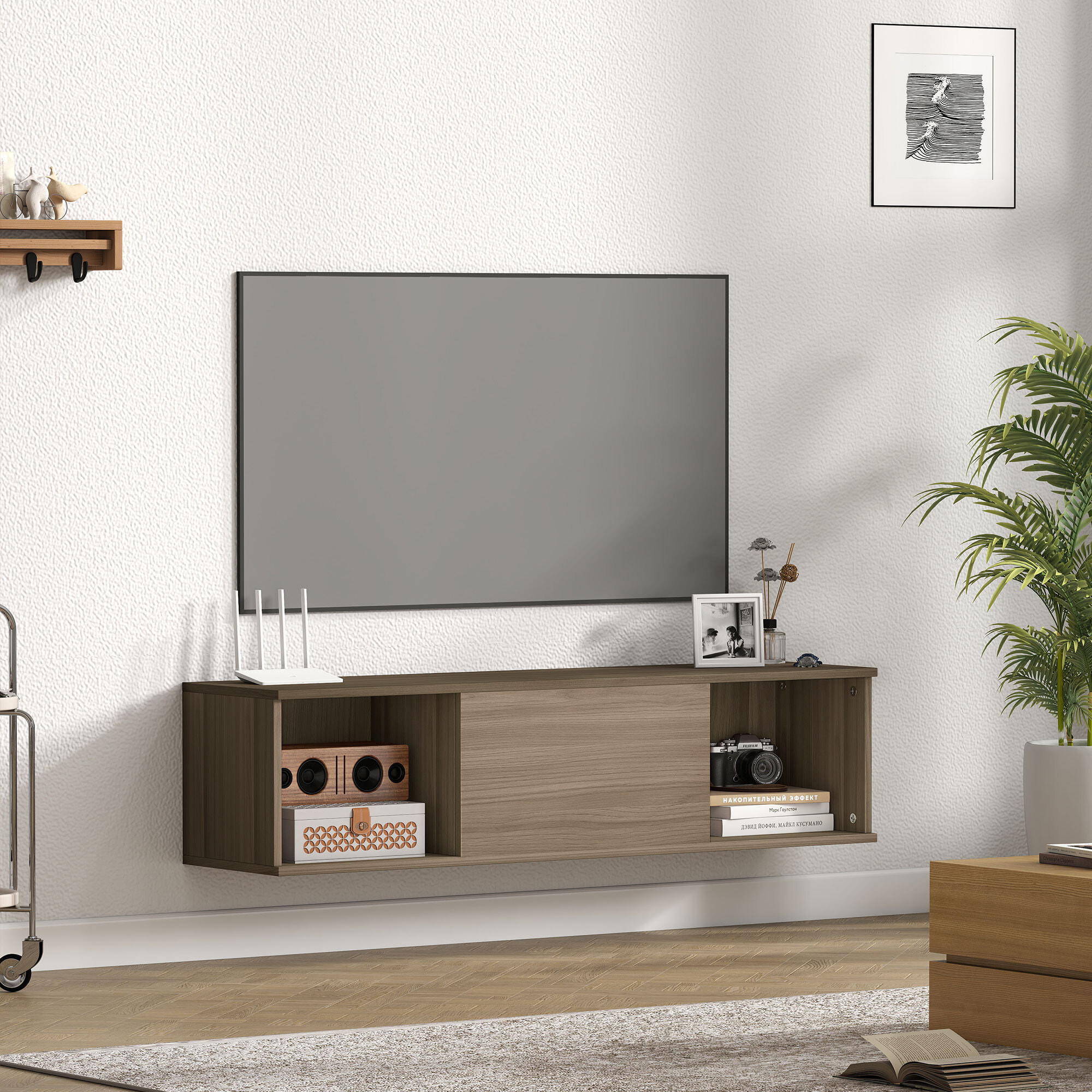 Meuble TV flottant suspendu - 2 niches, porte battante - effet bois noisetier brun gris