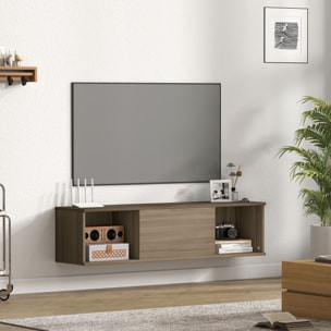 Meuble TV flottant suspendu - 2 niches, porte battante - effet bois noisetier brun gris