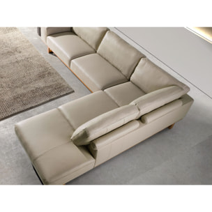 Sofá rinconera derecha de 5 plazas tapizado en piel de origen vacuno en arena patas de madera en miel 316x252x82cm