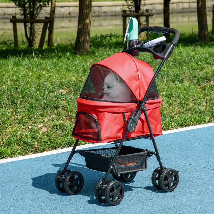 Poussette buggy pliable chien chat panier rangement porte-gobelets tissu 300D Oxford imperméable 4 roues rouge