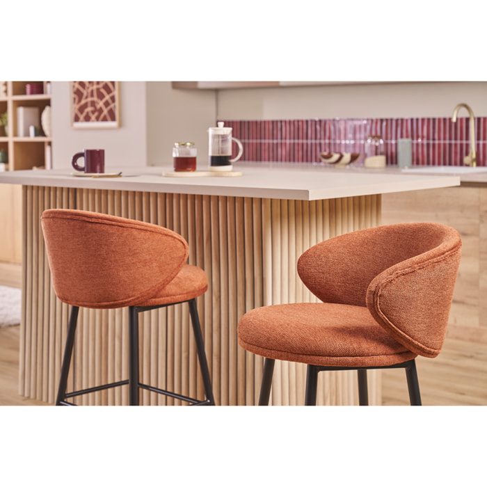 Tabourets de bar design en tissu effet velours texturé terre brûlée et métal noir (lot de 2) ROSALIE