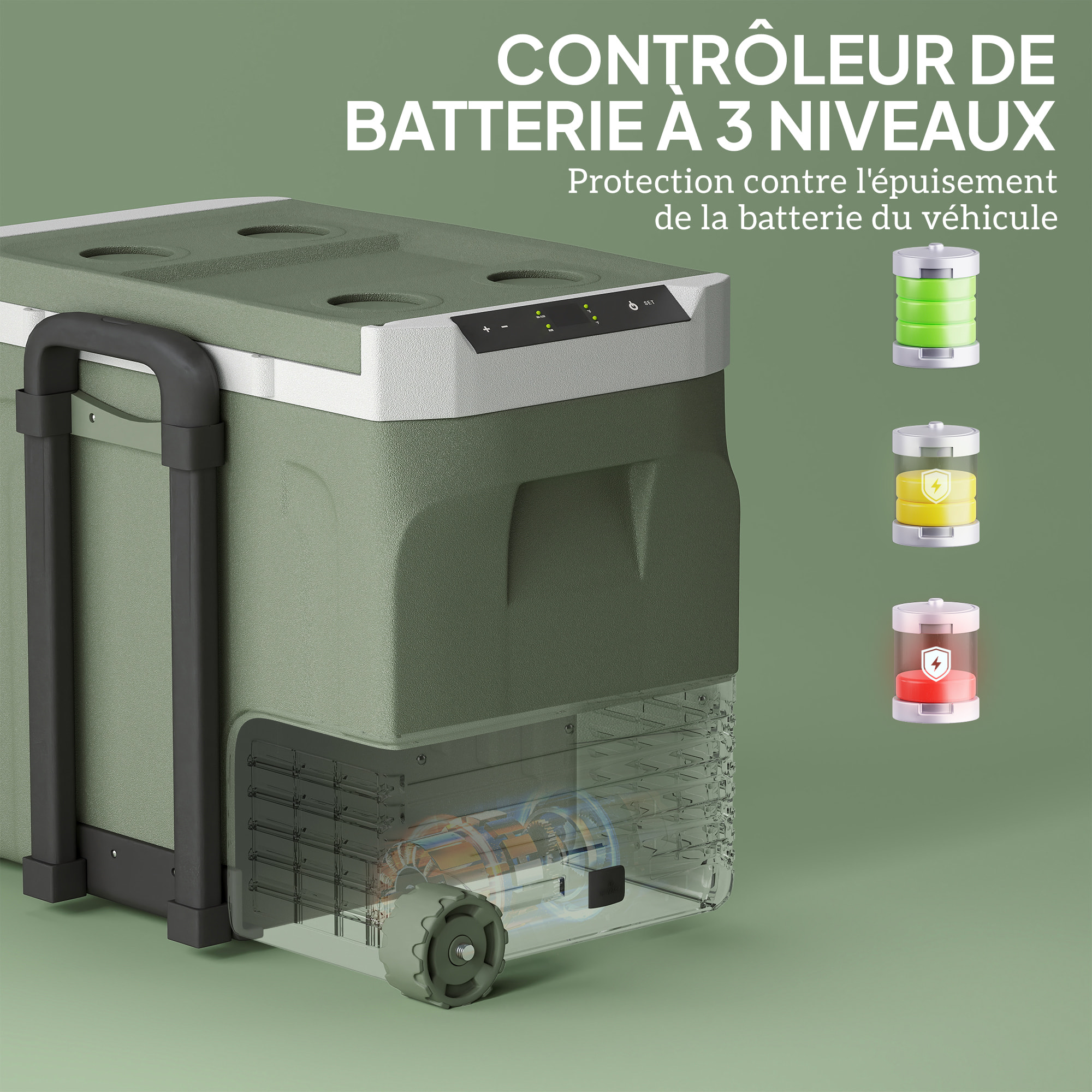 Glacière électrique portable 40L modes ECO/MAX -20°C-20°C poignée télescopique alimentation AC/DC vert