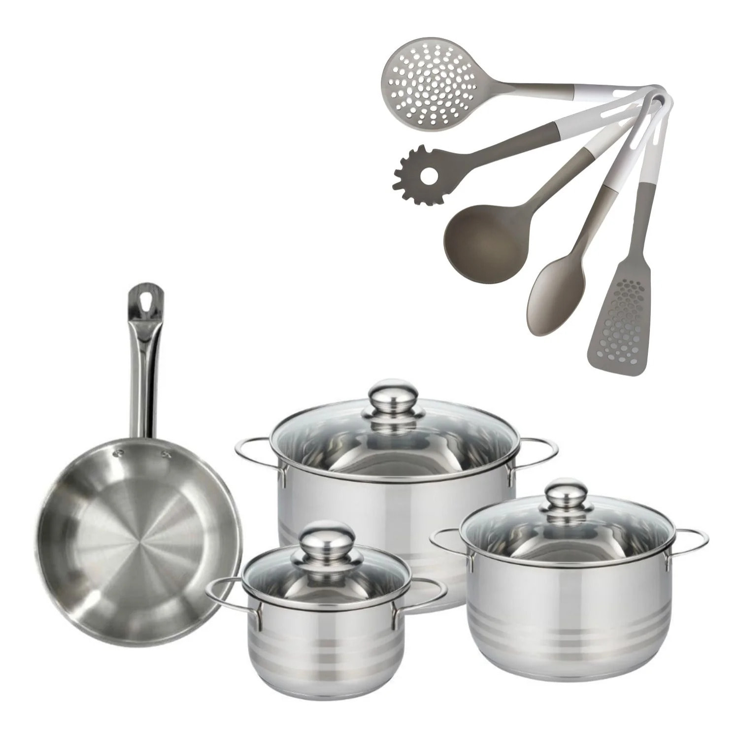 Lot de 1 Poêle et 3 Faitouts 16/20/24 cm Fackelmann Eterna avec 5 ustensiles Vario