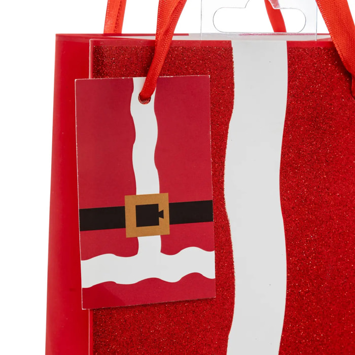 Sac cadeau imprimé taille bouteille tenue de Père Noël paillettes rouge