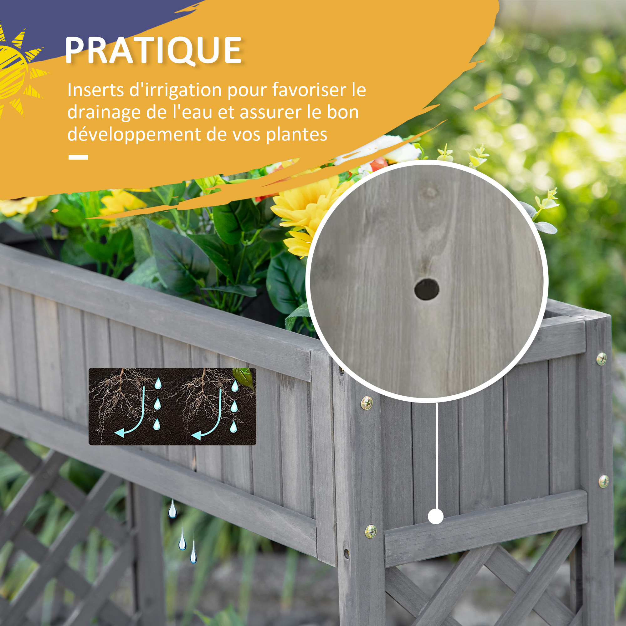 Jardinière sur pied potager avec étagère barrière - pans latéraux treillis - dim. 90L x 30l x 90H cm - bois sapin gris