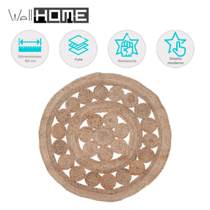 Alfombra redonda de yute trenzado - Diseño de líneas caladas para decorar con estilo y calidez 90cm,