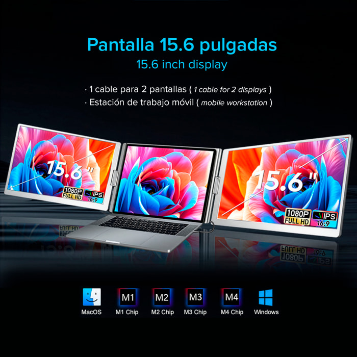 Monitor portátil dual S800 de 15.6” con doble pantalla IPS 1920x1080 16:9. Compatible con laptops Windows y MacOS. Incluye bolsa de transporte.