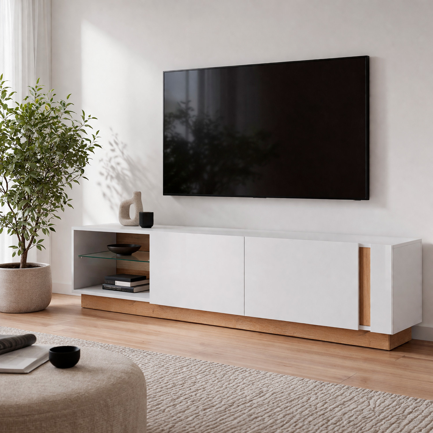 Porta TV Mobile Soggiorno Mobiletto Moderno Con Anta A gola E Vano Con Ripiano In Vetro Salvaspazio 45.5 x 40 x 187.5 Cm Bianco Lucido E Rovere