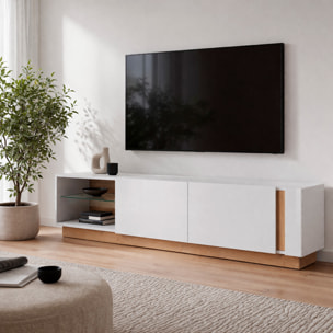 Porta TV Mobile Soggiorno Mobiletto Moderno Con Anta A gola E Vano Con Ripiano In Vetro Salvaspazio 45.5 x 40 x 187.5 Cm Bianco Lucido E Rovere