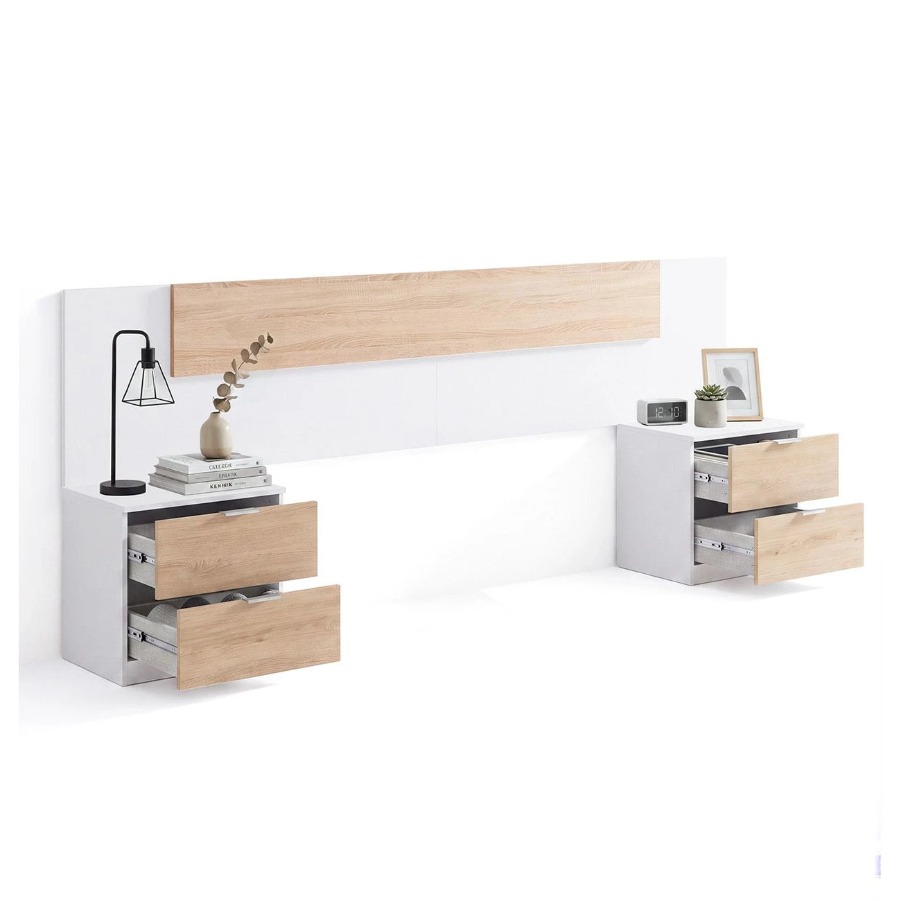 Cabecero para cama de 135-150 cm y 2 mesitas con cajones en blanco artik y roble canadian Akari Blanco Artik (Blanco Mate) - Roble Canadian
