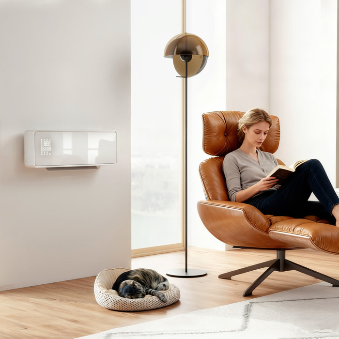 Calefactor Eléctrico Bajo Consumo Cerámico de Pared, 2000W, con 3 Modos, Pantalla LED, Termostato, Temporizador, Oscilación, Mando a Distancia, Detección de Ventanas Abiertas y Panel de Vidrio