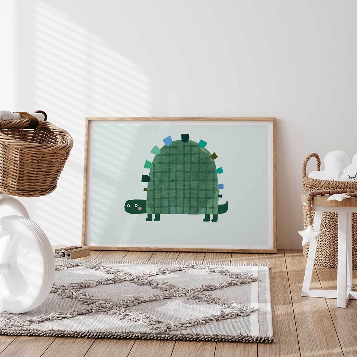Affiche enfant tortue verte  Affiche + cadre en bois - Chêne