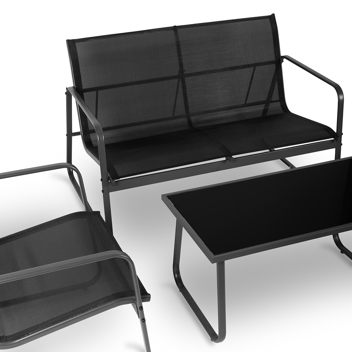 Conjunto de jardín 4 plazas, mesa centro+sofá+sillones de acero negro