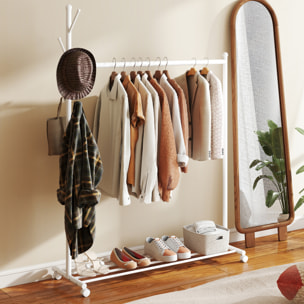 Burro Ropa con Ruedas, Perchero Burro Ropa con 5 Ganchos Barra para Colgar y Balda Inferior Perchero para Recibidor, Entrada, Dormitorio, 120x43x171 cm, Blanco