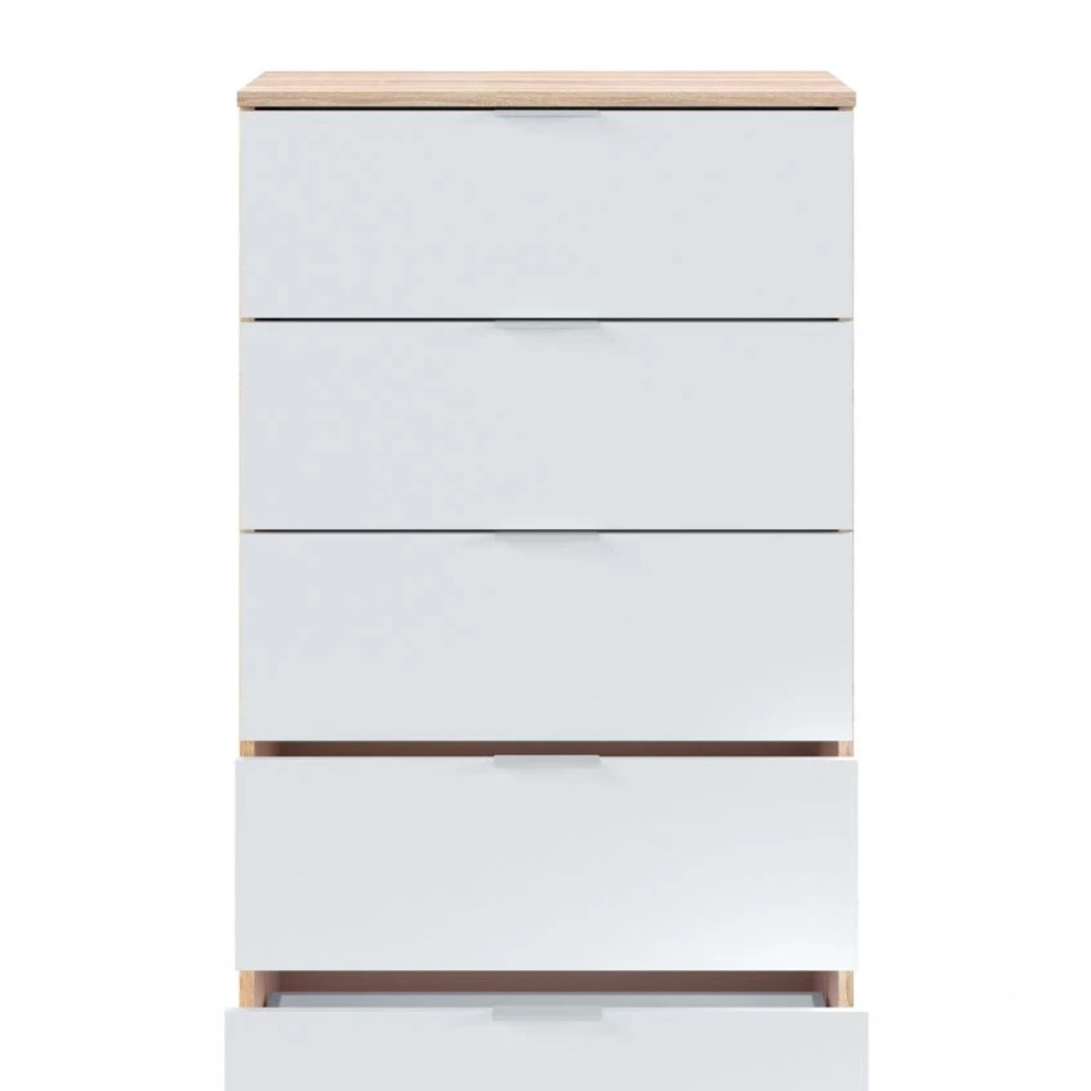 Cómoda de 5 cajones formato vertical en blanco mate y roble canadian 60x110 cm Akari Blanco Artik (Blanco Mate) - Roble Canadian