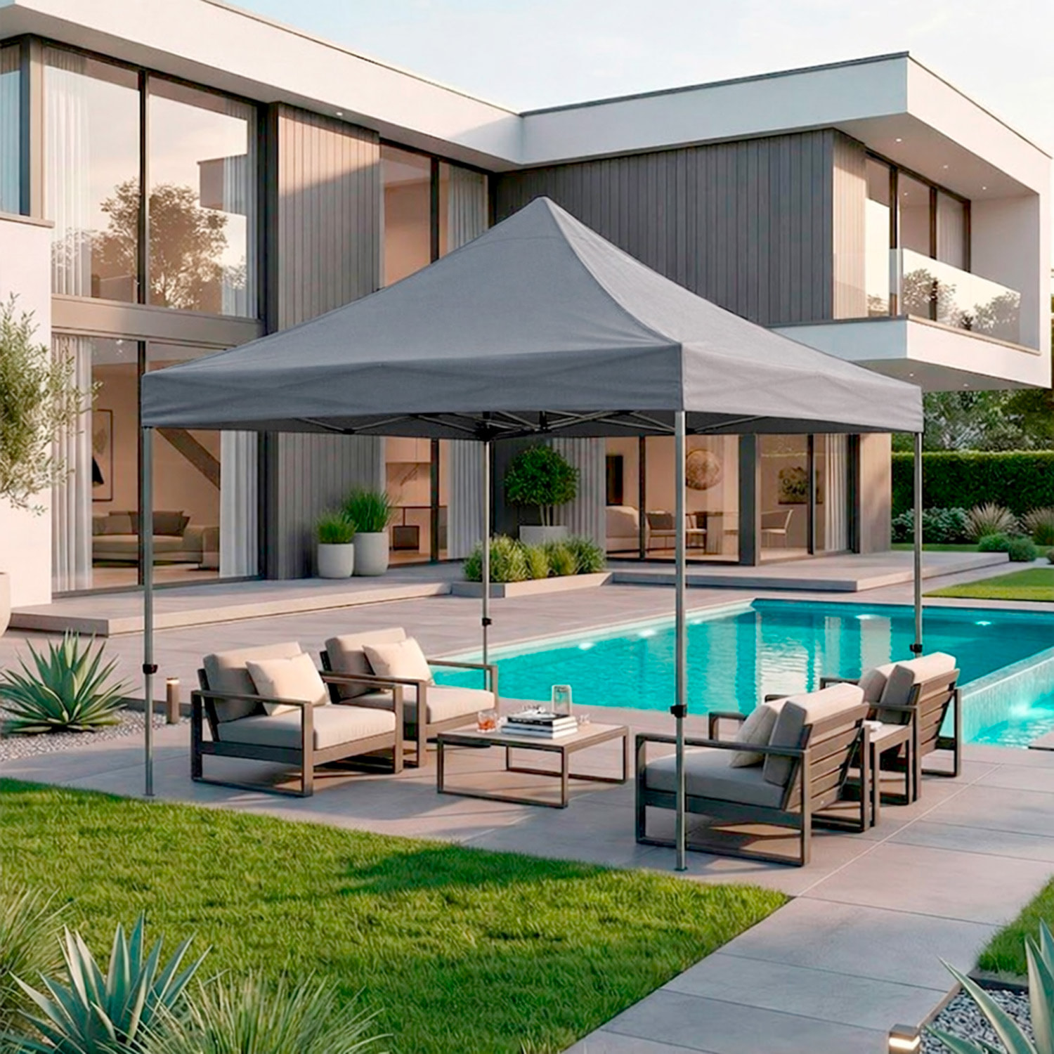Gazebo Professionale 3x3 M Richiudibile Automatico In Acciaio Con Telo Oxford 1200D PVC Impermeabile e Anti UV A Fisarmonica con Sacche Grigio