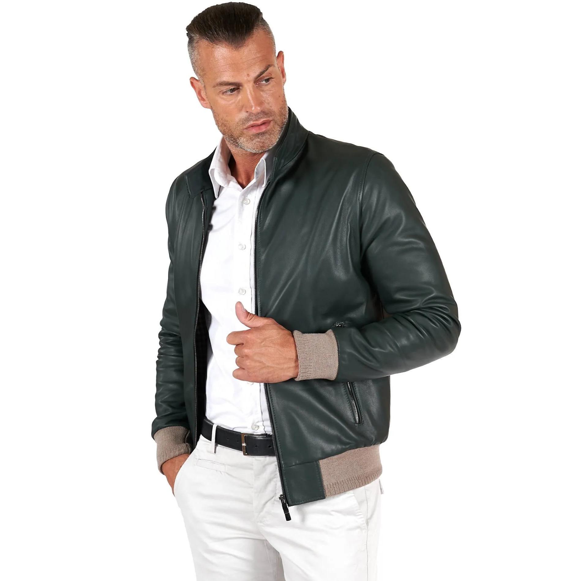 Giubbotto Bomber in pelle naturale verde colletto con bottoni