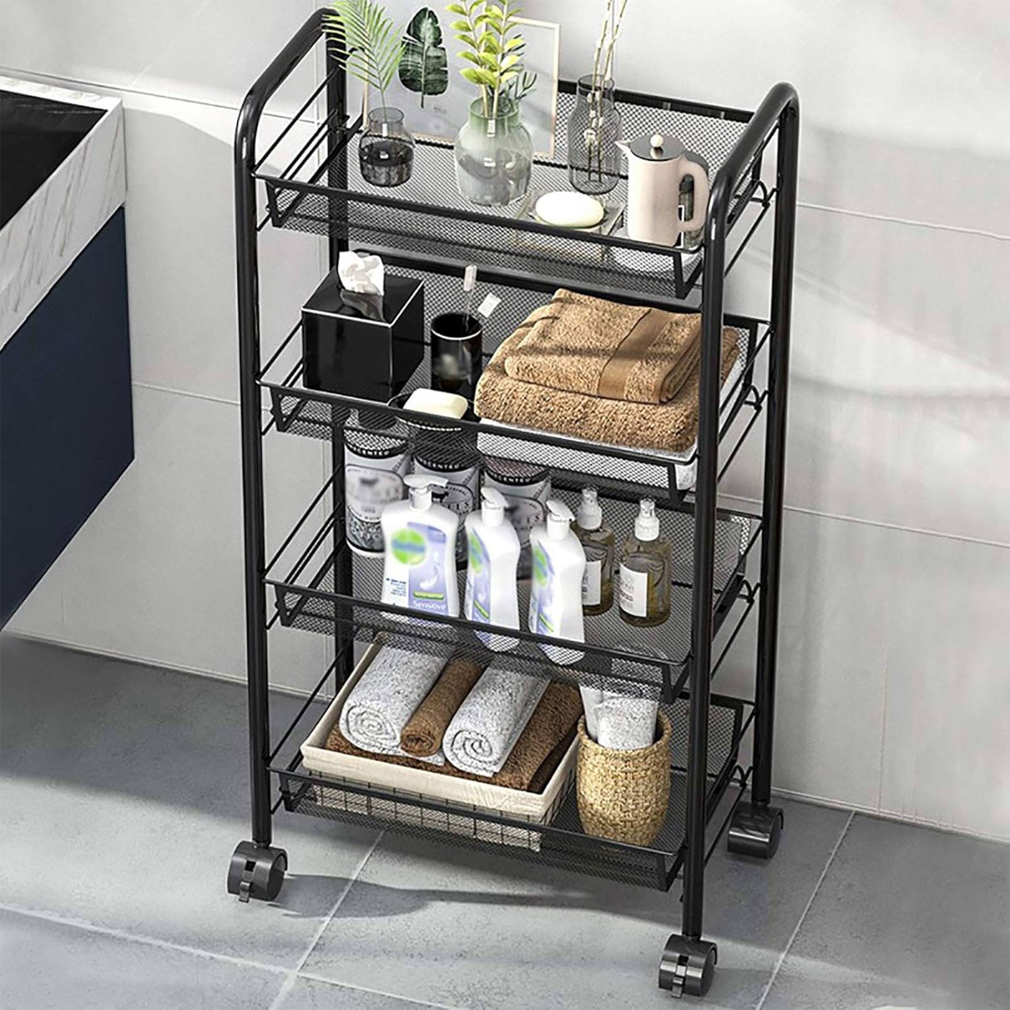 Estantería metálica de 4 baldas con ruedas 86x29x12cm