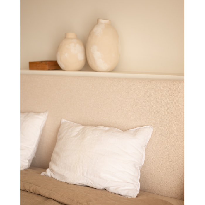 Pack tête de lit rembourrée beige et 2 tables de chevet en bois massif ton naturel en différentes tailles