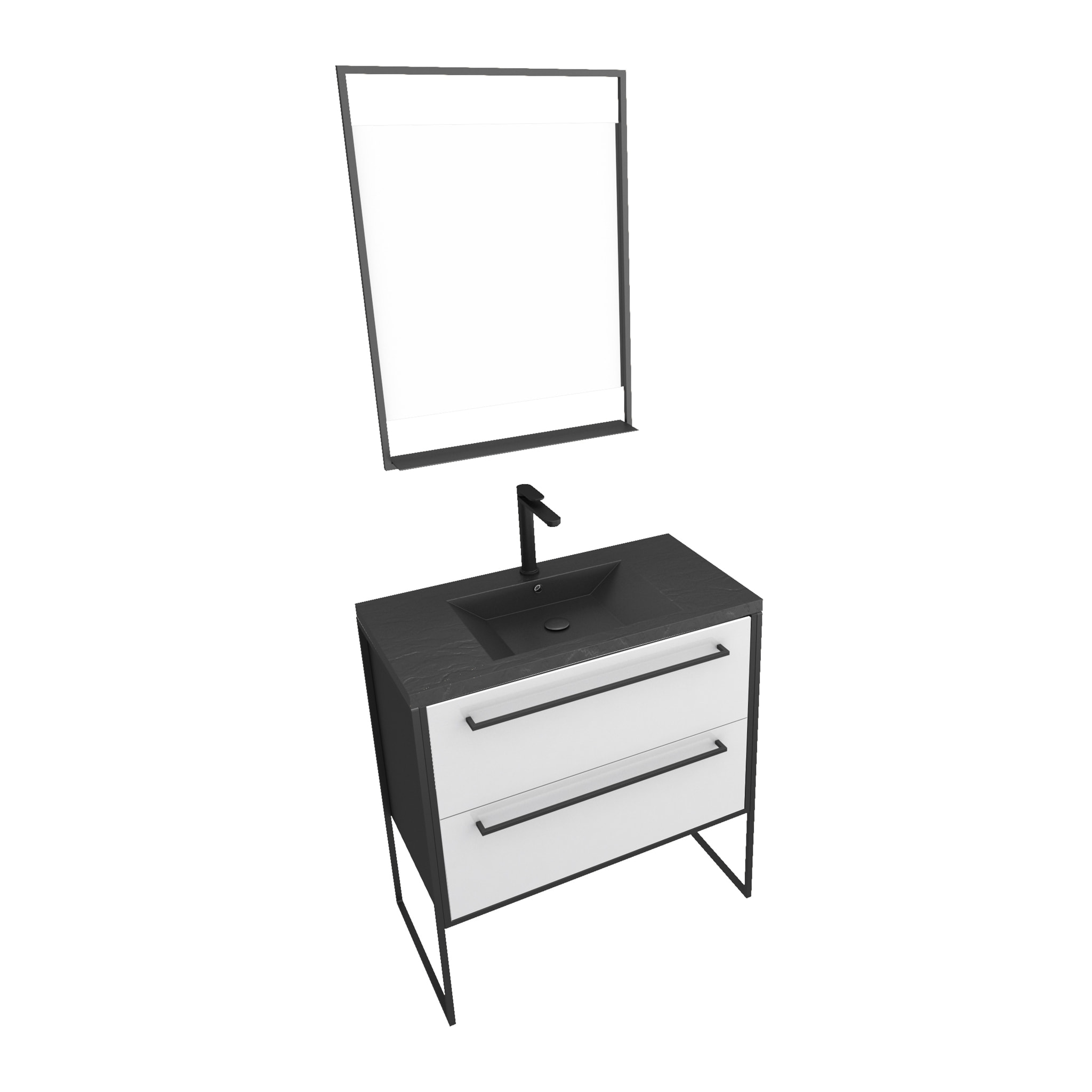 Pack Meuble de salle de bain 80x50 cm - 2 tiroirs - vasque résine noire effet pierre + miroir LED