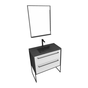 Pack Meuble de salle de bain 80x50 cm - 2 tiroirs - vasque résine noire effet pierre + miroir LED