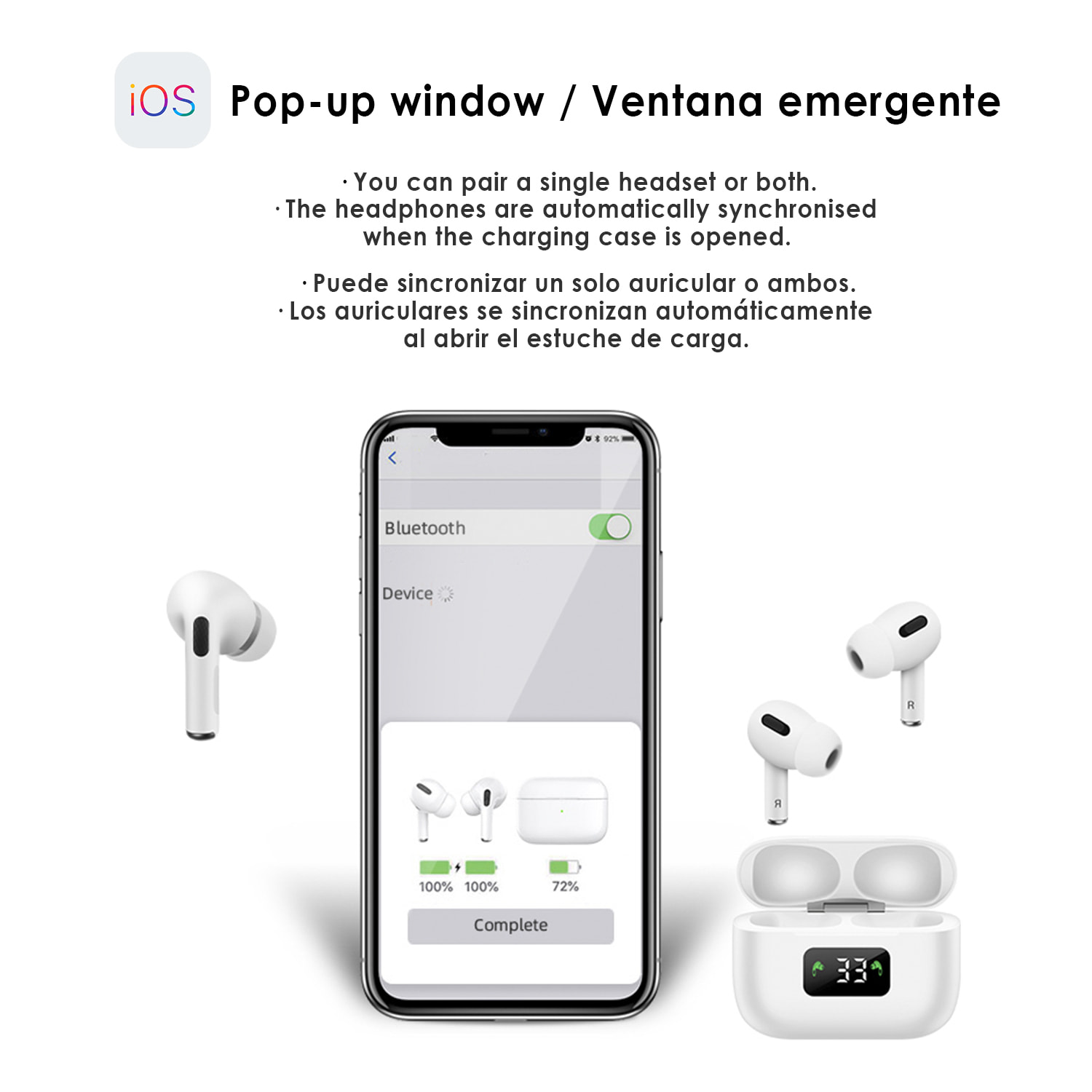 Auriculares i58 Bluetooth 5.0 táctiles. Base de carga con pantalla, sincronización automática con ventana emergente