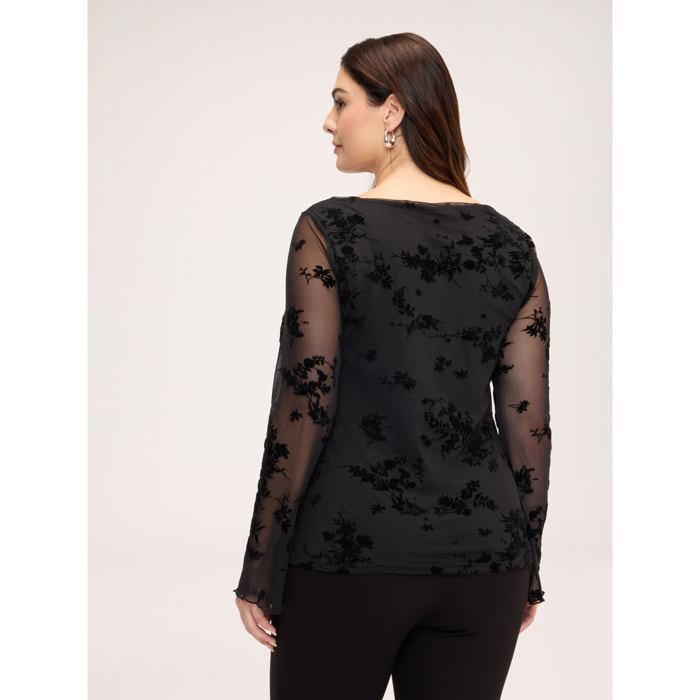 Fiorella Rubino - T-shirt in tulle con ricamo flock - Nero