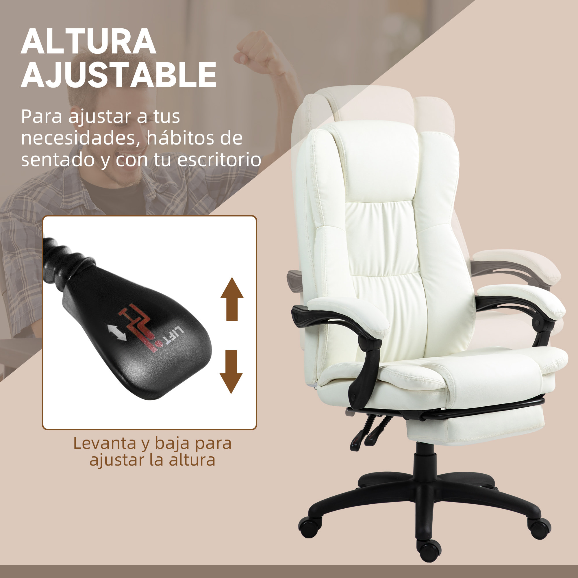 Silla de Masaje con 6 Puntos de Masaje Silla de Oficina Giratoria Silla de Despacho Reclinable con Altura Ajustable Reposapiés Retráctil y Control Remoto 68,5x68,5x113-121 cm Crema